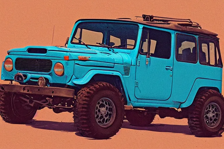 Image similar to digital illustration of a faded cyan mad max's fj 4 0 decrepit!!!! pursuit special, rusty!!! nissan fj cruiser heavily modded 1 9 9 0 s, the last v 8 interceptor by makoto shinkai, ilya kuvshinov, lois van baarle, rossdraws, basquiat