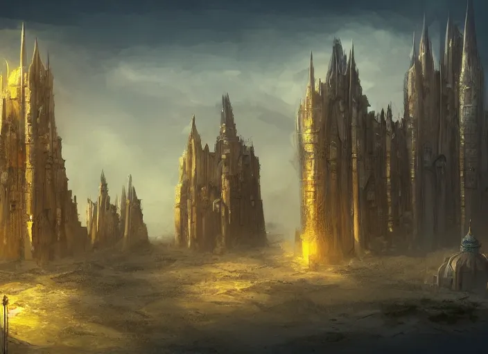 Image similar to architectural cover concept art of the lost sand city, ruins, golden towers, golden pillarsl. digital art, art station, realista,