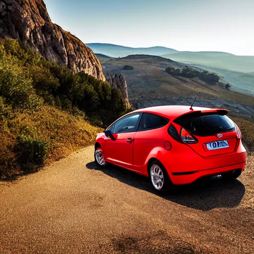 Image similar to red ford fiesta mk 6 zetec on a mountain road, spain, award winning photograph, golden hour