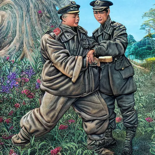 Prompt: a chinese soldier helps his comrades understand how to fight, technological growth, beautiful vintage country chocolate biodiesel wadellesacker, by wendy froud and vincent di botticelli, matte painting, an ink drawing holographic