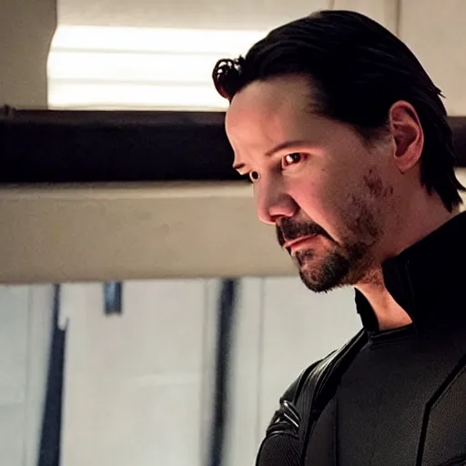 Prompt: film still of Keanu Reeves as Hawkeye in Avengers Endgame