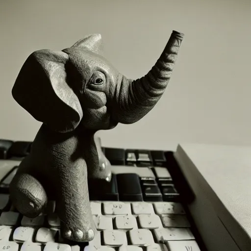 Image similar to 35mm macro photograph of a hand carved elephant wearing a suit working on a couch typing on a miniature computer keyboard