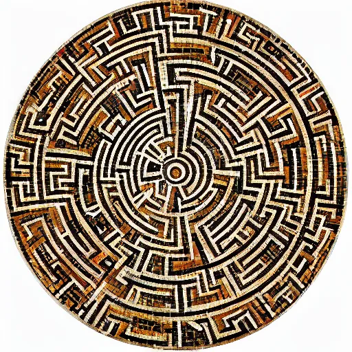 Image similar to medium shot Mosaic depicting a labyrinth, from Italica, AD 176-275. Archaeological Museum, Seville. Byzantine mosaics, highly detailed, HQ, HD, beautiful, National Geographic,
