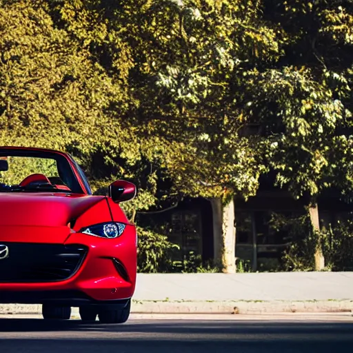 Prompt: 105mm photo of car full view mid distance photograph red Mazda Miata parked on street from 2020