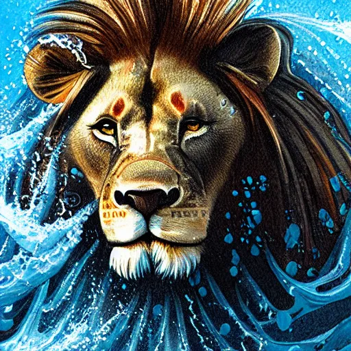 Image similar to a male lion's face breaching through a wall of water, water sprites, splashing, deep blue water color, highly detailed, realistic digital art