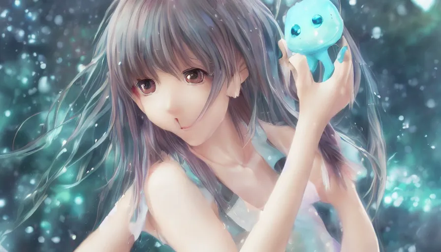 Image similar to cute anime girl by wlop, detailed eyes, heterochromia, bright eyes, full body shot, happy expression, short minidress, light clothing, light rain, hyper real, detailed digital art, hatsune miku, photorealistic