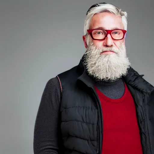 Prompt: photo of a 5 0 - year old white man, silver hair, neat beard, wearing a red gilet, thick - rimmed glasses, professional corporate portrait, from investor prospectus