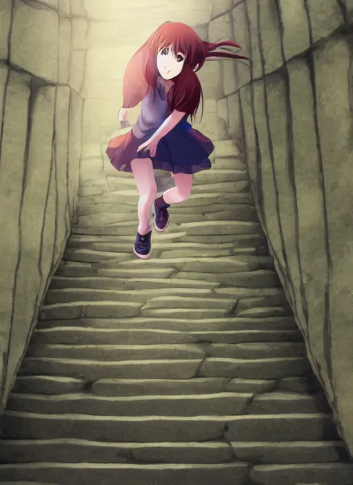 Image similar to anime scene, a girl climbing a stone stairway with desperation, full body perspective, Madhouse Animations