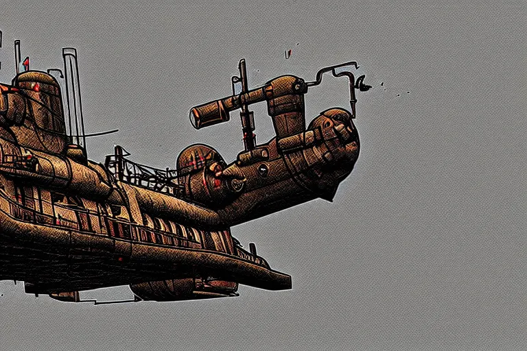 Image similar to steampunk submarine!, in the style ofjean henri gaston giraud, trending on artstation, halfrear lighting closeup view anaglyph filter, bokeh, anime, comic book art