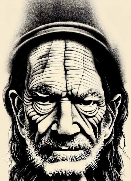 Image similar to an extremely detailed masterpiece grunge head and shoulders drawing of an old willie nelson, in the style of richard avedon, after life, loony toons style, horror themed, detailed, elegant, intricate, trending on artstation, 4 k