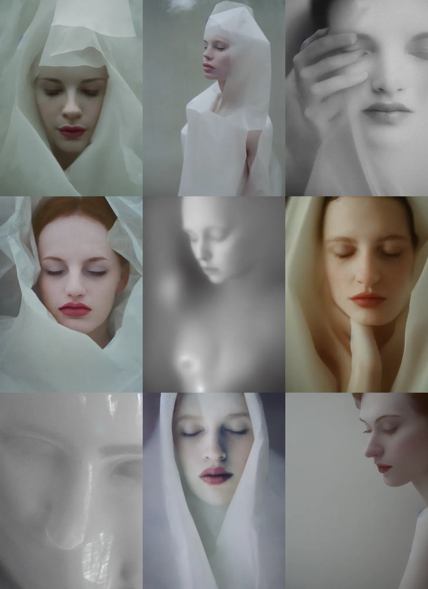 Image similar to out of focus photorealistic portrait of a beautiful!!! aesthetic!!! pale woman by saul leiter, behind a white latex sheet, very blurry, translucent white skin, closed eyes, foggy