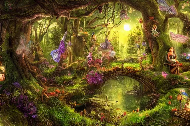 Image similar to An enchanted forest, it is nighttime, there are flying fairies, fantasy-style, photorealism, highly detailed.