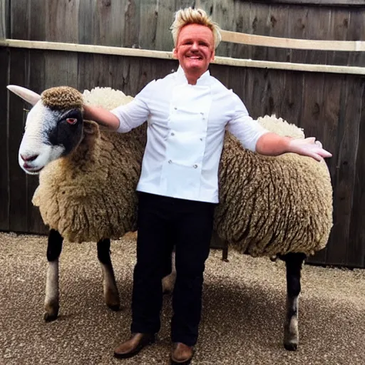 Image similar to a sheep dressed up as gordon ramsay, realistic.