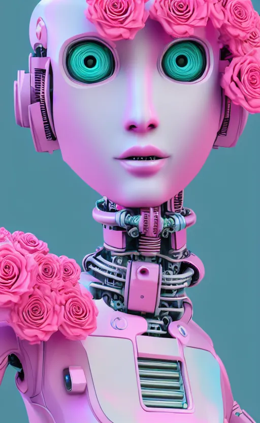 Image similar to detailed vaporwave pastel female robot made out of roses, 3d, digital art, 4k