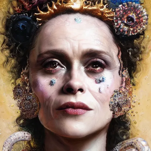 Prompt: expressive oil painting, of helena bonham carter mixed with sigourney weaver, bumpy mottled skin full of crystals, ornate headpiece made from crystals, body horror, by yoshitaka amano, by greg rutkowski, by jeremyg lipkinng, by artgerm, digital art, octane render