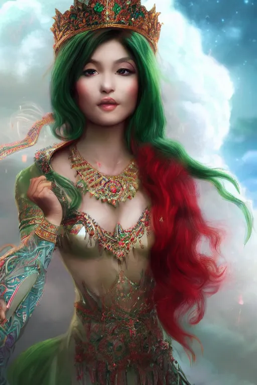 Image similar to dreamy beautiful persian asian princess in clouds, green eyes, red dress, long black curly hair, smiling, wearing a diamond tiara, face, highly detailed, artstation, concept art, sharp focus, hyper realistic, octane render, unreal engine, 8 k