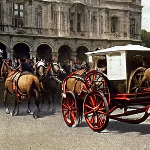 Prompt: lady catherine de bourgh from pride and prejudice drives her barouche box pulled by two horses on the formula 1 circuit of le mans. she is surrounded by ferrari cars one of them driven by steve mcqueen. cinematic, technicolor, highly intricate