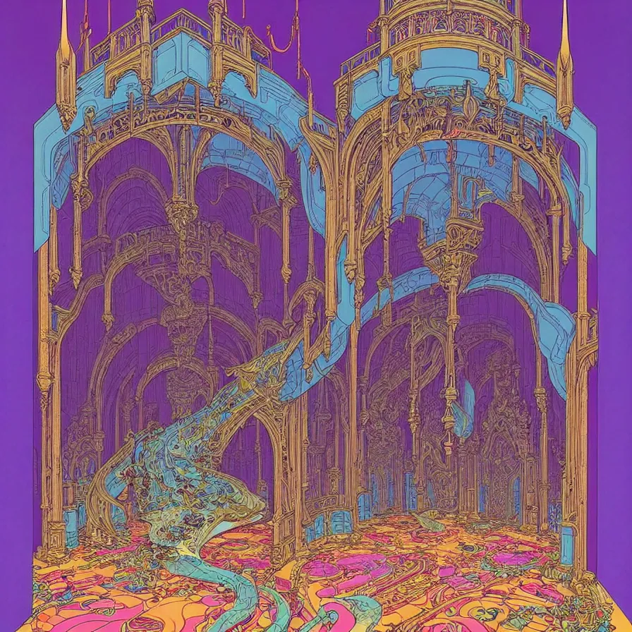 Image similar to ( ( ( ( inside of the huge castle, with decorative frame design ) ) ) ) by mœbius!!!!!!!!!!!!!!!!!!!!!!!!!!!, overdetailed art, colorful, artistic record jacket design