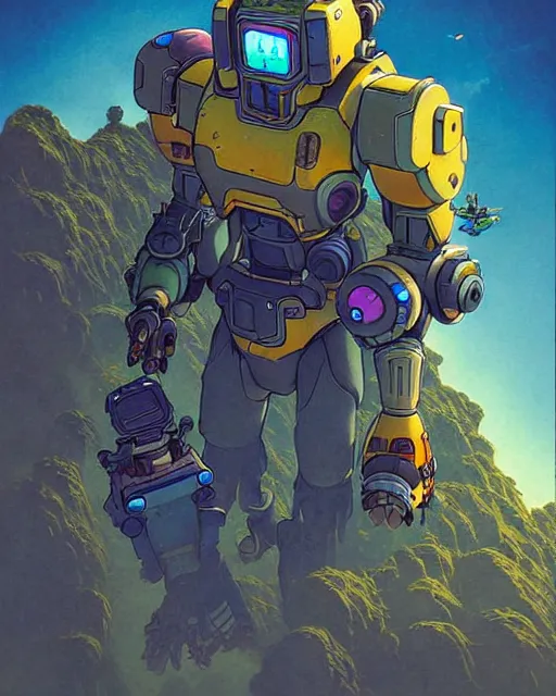 Image similar to bastion from overwatch, pet bird, character portrait, portrait, close up, concept art, intricate details, highly detailed, vintage sci - fi poster, retro future, in the style of chris foss, rodger dean, moebius, michael whelan, katsuhiro otomo, and gustave dore