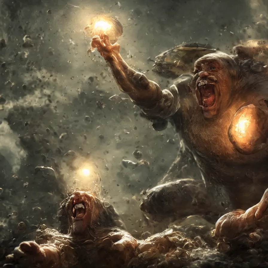 Image similar to an angry man shouting at a snail, photo realistic moody lighting, atmosphere, glow, detailed, intricate, full of colour, cinematic lighting, trending on artstation, 4 k, hyperrealistic, focused, extreme details, cinematic, masterpiece