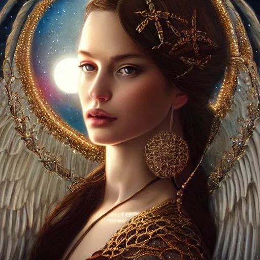 Prompt: A beautiful digital painting of a female angel full of jewels, princess, the moon behind her, intricate, cinematic lighting, highly detailed, digital painting, Artstation, concept art, smooth, sharp focus, illustration, art by Tom Bagshaw, Artgerm and Greg Rutkowski