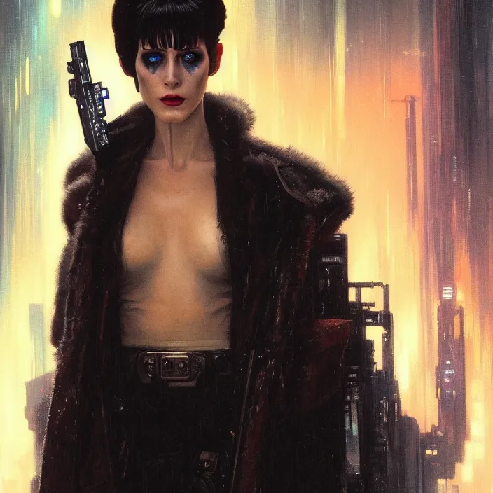 Image similar to excellent painted portrait of a replicant from blade runner (1982), cyberpunk art, character artwork, 8k resolution artwork, trending on artstation, detailed oil painting portrait, art by artgerm and greg rutkowski and alphonse mucha and craig mullins and James Jean and Andrei Riabovitchev and Marc Simonetti and peter mohrbacher