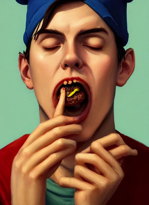 Image similar to portrait of jughead jones, eating a hamburger, wearing a crown, eyes closed, intricate, elegant, glowing lights, highly detailed, digital painting, artstation, concept art, smooth, sharp focus, illustration, art by wlop, mars ravelo and greg rutkowski