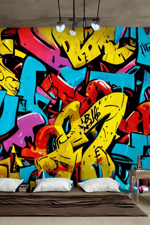 Image similar to extreme graffiti tag mural maximalism, yellow, brown, black and cyan color scheme, octane render