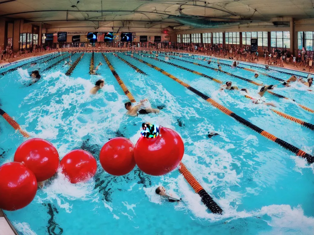 Image similar to a perfect photograph of a train crashing through a crowded swimming pool. sponsored by nike