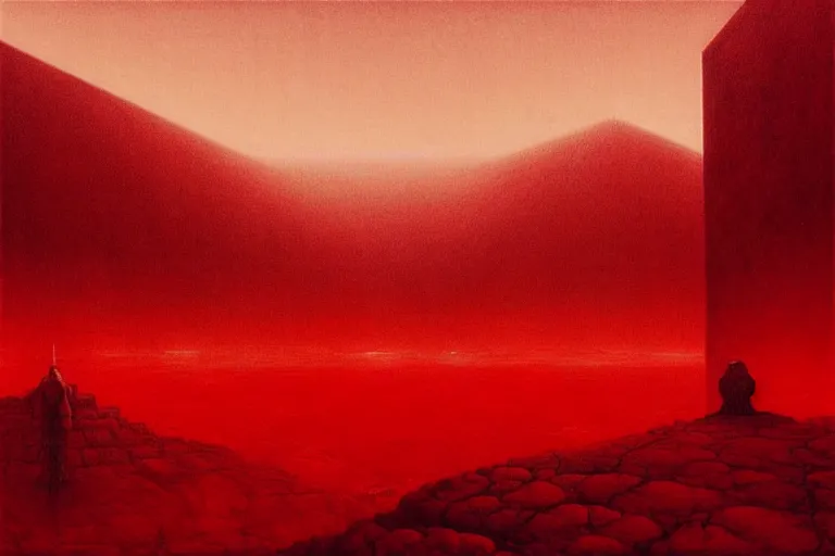 Image similar to only with red, red god of death eat apple, a futuristic city on mars in the background, an ancient path, in the style of beksinski, part by hopper, part by rodcenko, part by hofbauer, intricate composition, red by caravaggio, insanely quality, highly detailed, masterpiece, red light, artstation, 8 k