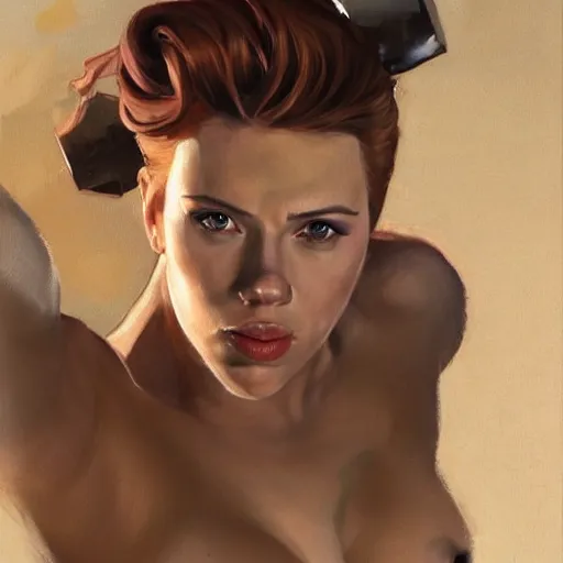 Prompt: greg manchess portrait of scarlett johansson as roided thick very muscular weightlifter zarya from overwatch with short blond hair and ponytail, fantasy, medium shot, asymmetrical, profile picture, organic painting, sunny day, matte painting, bold shapes, hard edges, street art, trending on artstation, by huang guangjian and gil elvgren and sachin teng