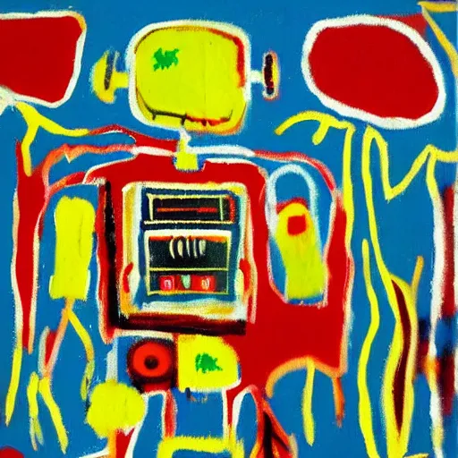 Prompt: a little robot lying in a flower field, painted by basquiat