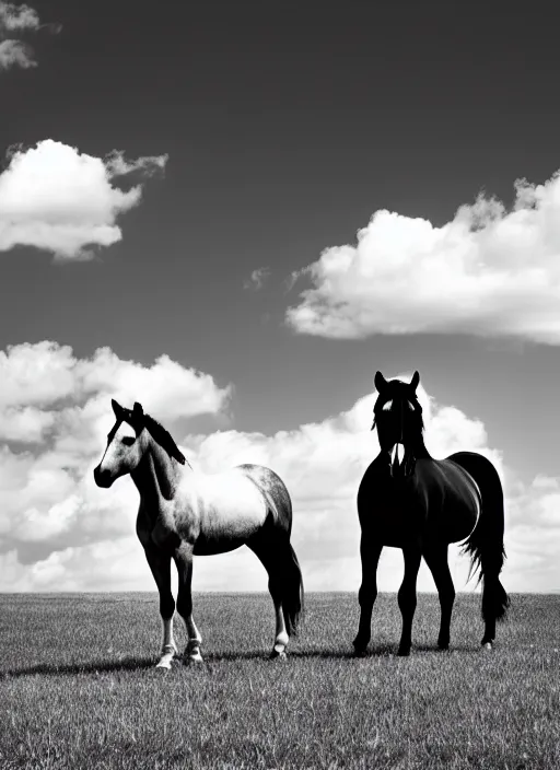 Image similar to two horses black and white portrait white sky in background