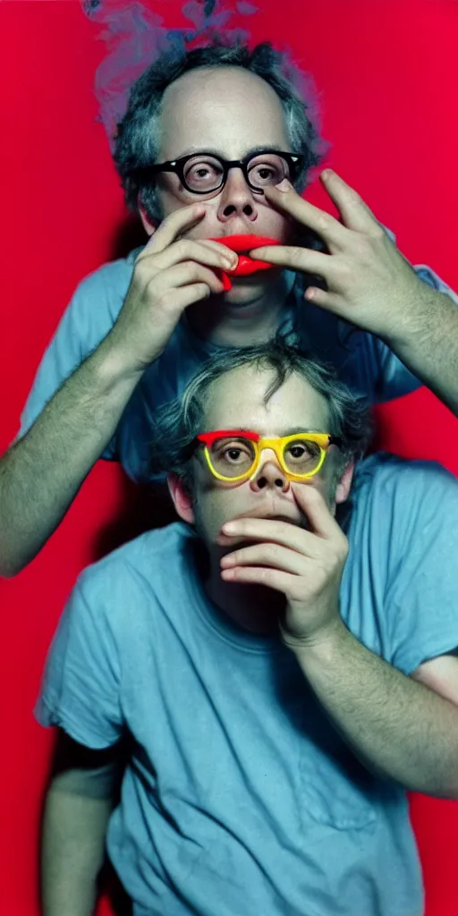 Prompt: award winning photo of todd solondz smoking weed, vivid colors, happy, symmetrical face, beautiful eyes, studio lighting, wide shot art by Sally Mann & Arnold Newman