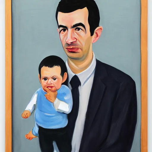 Image similar to Nathan Fielder holding baby, Alice Neel, detailed, 8k