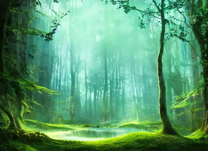 Prompt: luminescent forest biome that looks like a movie shot by pixar, ultra detailed, fantasy, hyper realism, art, smooth, beautiful art, masterpiece, landscape, cinematic, wet reflections, ray tracing x, rtx, smooth