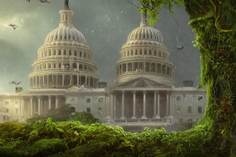 Prompt: an epic landscape view of vines and moss growing on the us capitol building, jungle, with pterosaurs flying, close - up, low angle, wide angle, atmospheric, volumetric lighting, cinematic, very realistic, sharp, highly detailed digital art, painted by tyler edlin