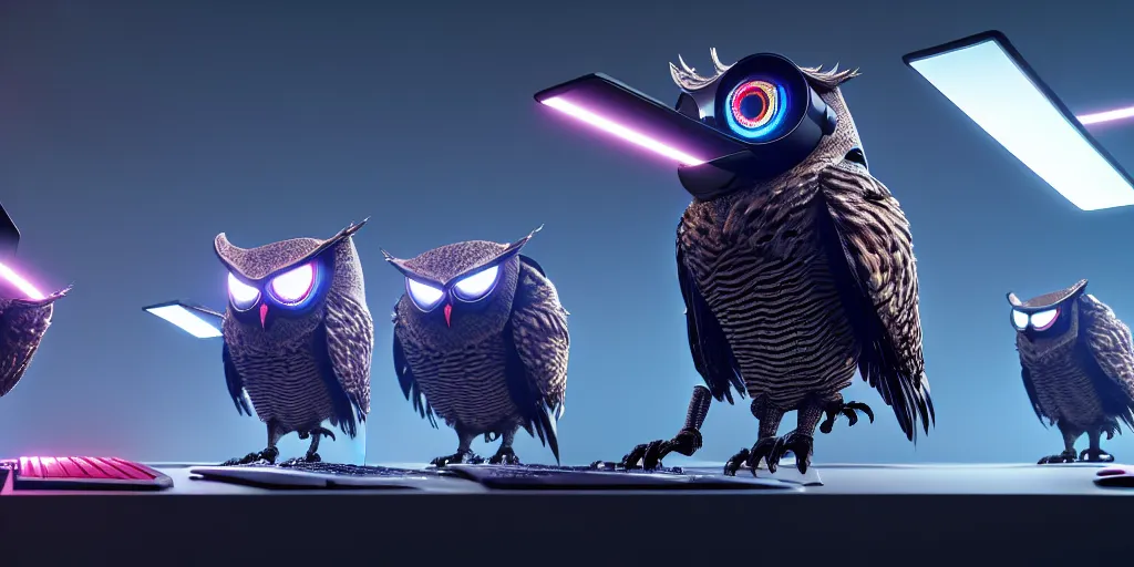 Prompt: an giant evil, malevolent, cyborg owls looking at a computer, surrounded by computer screens. this 4 k hd image is trending on artstation, featured on behance, well - rendered, extra crisp, features intricate detail and the style of unreal engine. volumetric lighting octane render