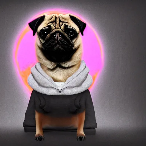 Prompt: a sad pug wearing a hoodie, the word ( sad ) is written on the hoodie in upper case letters, clear word, digital art, synthwave style, trending on artstation, matte painting