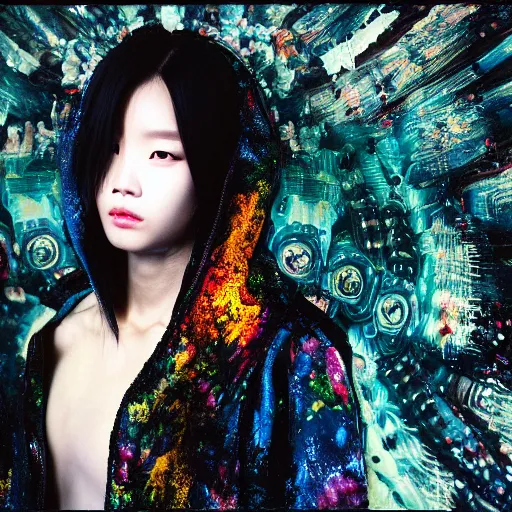 Prompt: photo realistic, high level of detail, high resolution, 3 5 mm lens : ( subject = korean top model + ( object = hoodie + object detail = high definition highly detailed baroque cyberpunk shamaness, varnished oil paint in bright colors on black background with small background color splatters, by katsuhiro otomo ) )