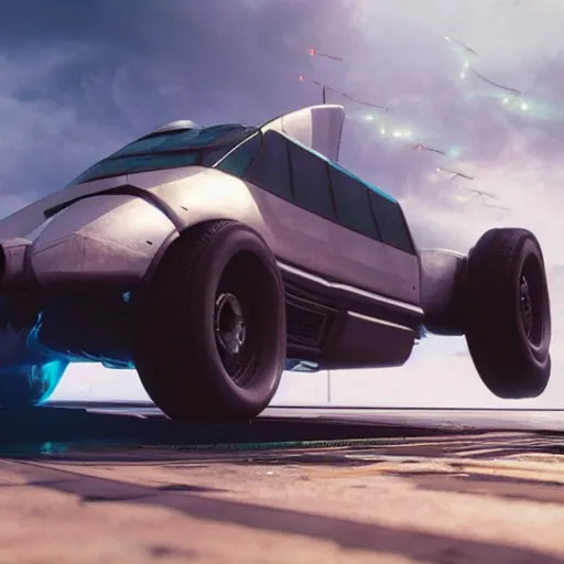 Prompt: cyberpunk alien concept of the a - team van with a pair of airplane wings on the sides, flying trough the sky, futuristic look, highly detailed body, very powerful, photorealistic camera shot, crisp quality and light reflections, unreal engine 5 quality render