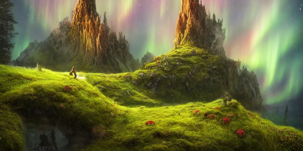 Image similar to fairyland scenery landscape, lord of the rings, aurora borealis, mist, monoliths, flowers, mushroom structures, moss highly detailed, vivid color, perfect lighting, perfect composition, 8 k, brian froud, artgerm, derek zabrocki, greg rutkowski