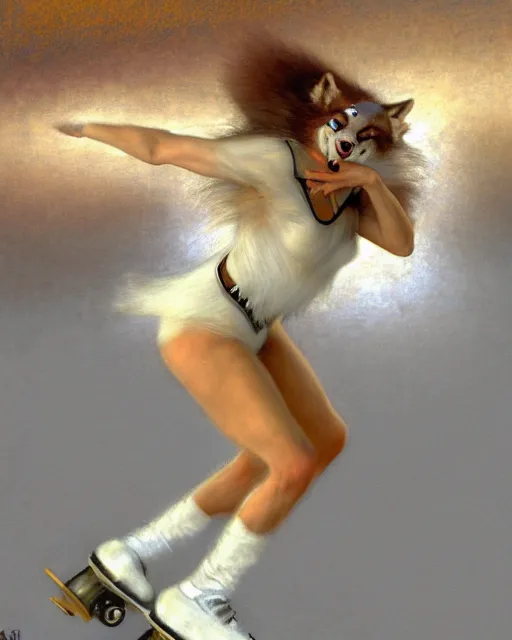 Image similar to a buff white female anthro wolf skating at a roller derby, 4 k, furaffinity, fursona, trending on artstation, energetic, speed, motion blur, by gaston bussiere, craig mullins, j. c. leyendecker, gustav klimt, artgerm, greg rutkowski, alphonse mucha