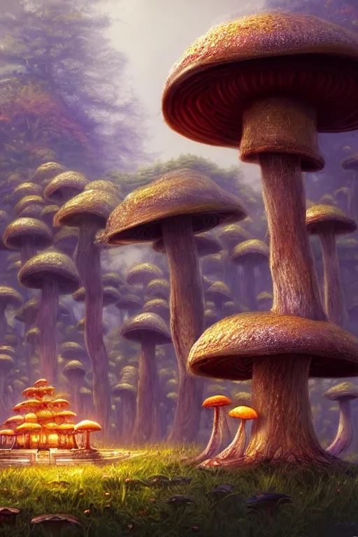 Prompt: mushroom temple, highly detailed, d & d, fantasy, highly detailed, digital painting, trending on artstation, concept art, sharp focus, illustration, global illumination, ray tracing, realistic shaded, art by artgerm and greg rutkowski and fuji choko and viktoria gavrilenko and hoang lap, sunny