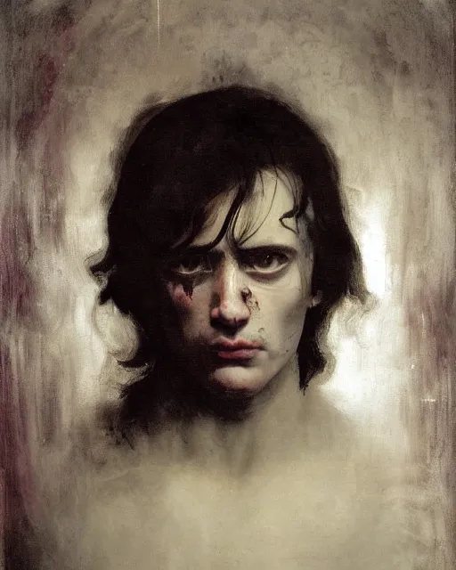 Image similar to a beautiful and eerie baroque painting of a beautiful but creepy young man in layers of fear, with haunted eyes and dark hair, 1 9 7 0 s hotel room, seventies, wallpaper, a little blood, morning light showing injuries, delicate embellishments, painterly, offset printing technique, by brom, robert henri, walter popp