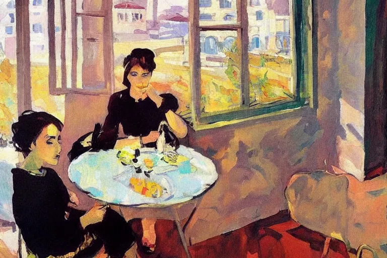 Image similar to a beautiful sad girl is sitting at the table, huge nuclear explosion is in the window, painting in style of Valentin Serov,