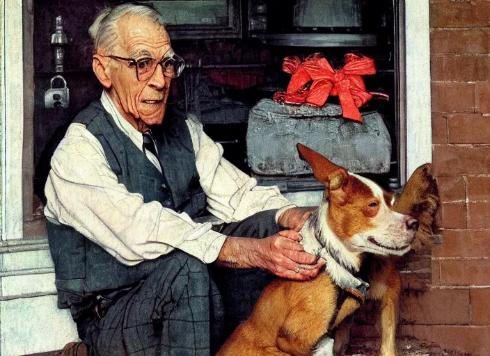 Image similar to high quality high detail painting by norman rockwell, hd, old man with is dog, muted pastel colors, photorealistic lighting