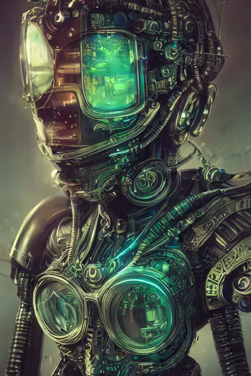 Image similar to Portrait of a cyberpunk sci-fi cyborg, third person, D&D, sci-fi fantasy, pistons and bolts, intricate, green and gold, highly detailed, art by Range Murata, highly detailed, 3d, octane render, bright colors, digital painting, trending on artstation, sharp focus, illustration style of Stanley Artgerm, background in a cinematic style