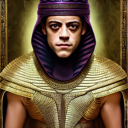 Image similar to a detailed fantasy character portrait of Rami Malek as egyptian king of arts by lauri blank, artgerm, evelyn de morgan, 8K, 50mm lens