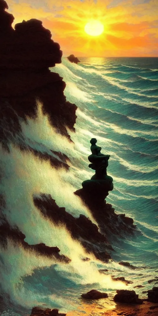 Image similar to ocean wave crashing over and around ancient stone statue, lsd water, dmt ripples, backlit, sunset, refracted lighting, art by collier, albert aublet, krenz cushart, artem demura, alphonse mucha